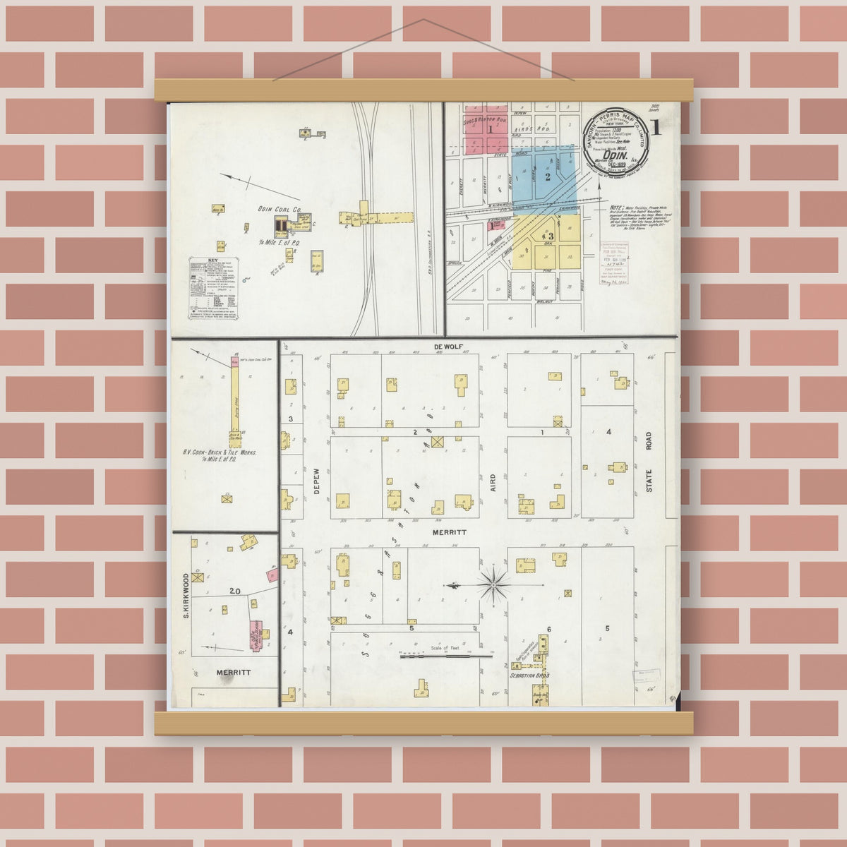 Old map wall art mockup — magnetic wood frame on brick wall — Sanborn Fire Insurance Map from Odin, Marion County, Illinois (1899) - Complete Map Set