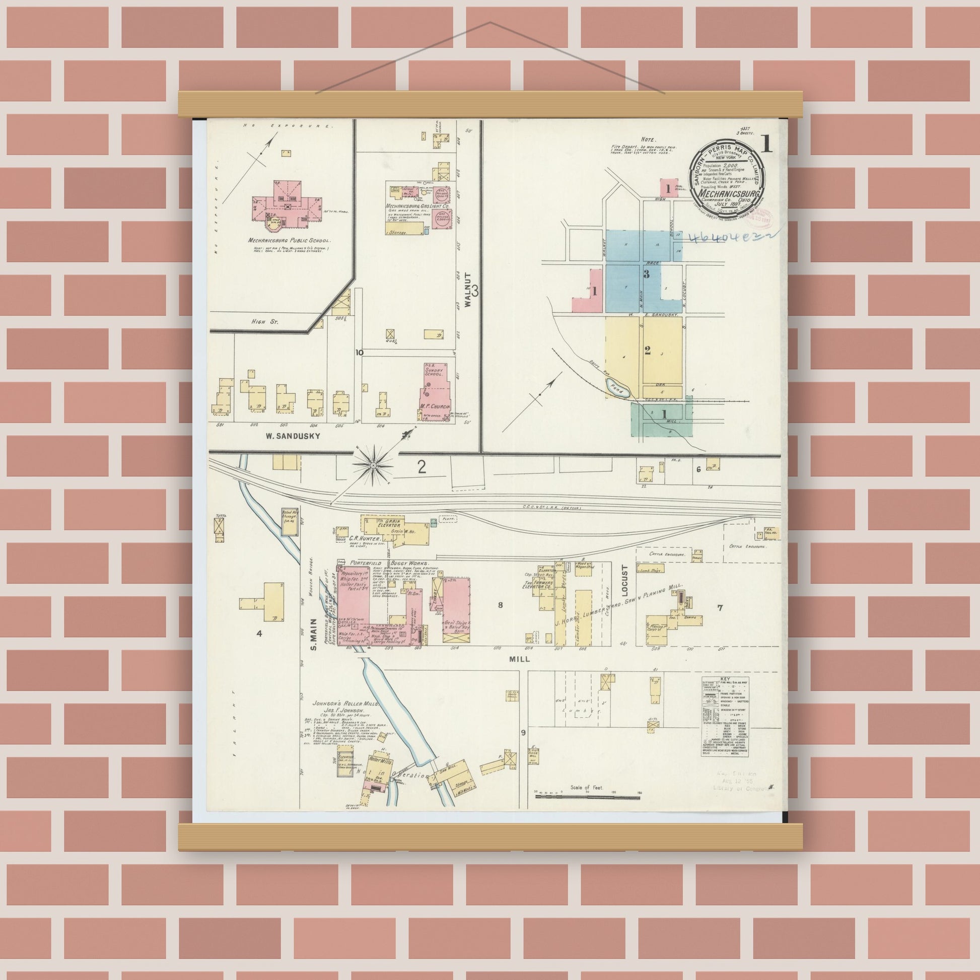 Old map wall art mockup — magnetic wood frame on brick wall — Sanborn Fire Insurance Map from Mechanicsburg, Champaign County, Ohio (1897), Sheet #0001