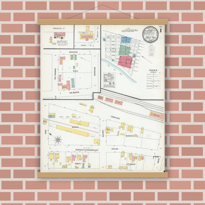 Old map wall art mockup — magnetic wood frame on brick wall — Sanborn Fire Insurance Map from Eagle Pass, Maverick County, Texas (1900), Sheet #0001