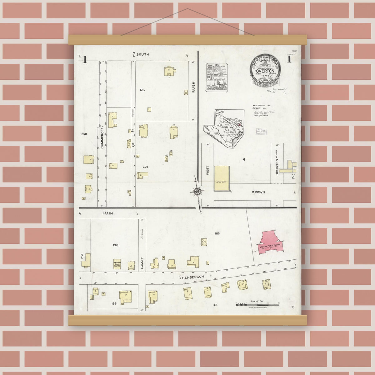 Old map wall art mockup — magnetic wood frame on brick wall — Sanborn Fire Insurance Map from Overton, Rusk County, Texas (1926), Sheet #0001