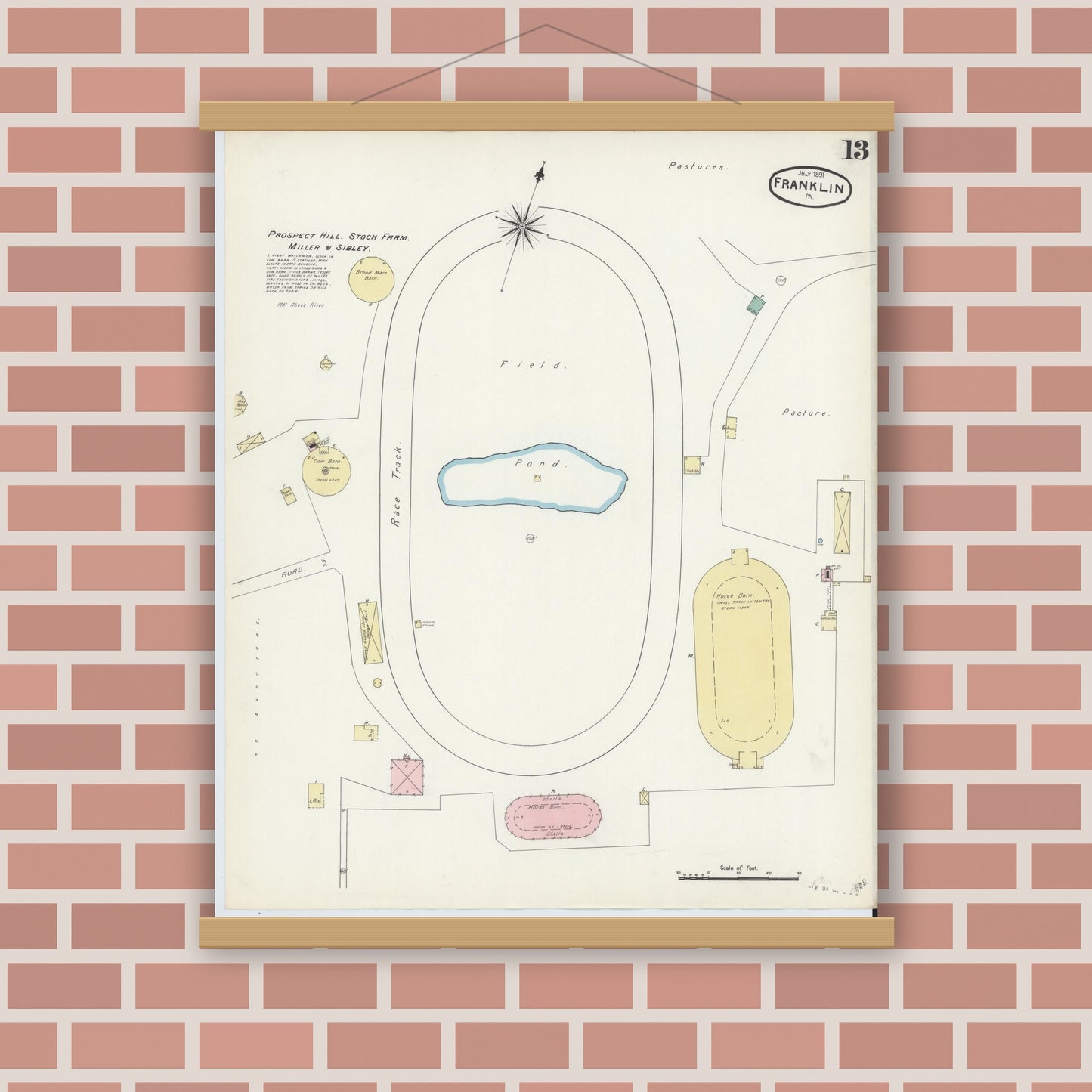 Old map wall art mockup — magnetic wood frame on brick wall — Sanborn Fire Insurance Map from Franklin, Venango County, Pennsylvania (1891), Sheet #0013