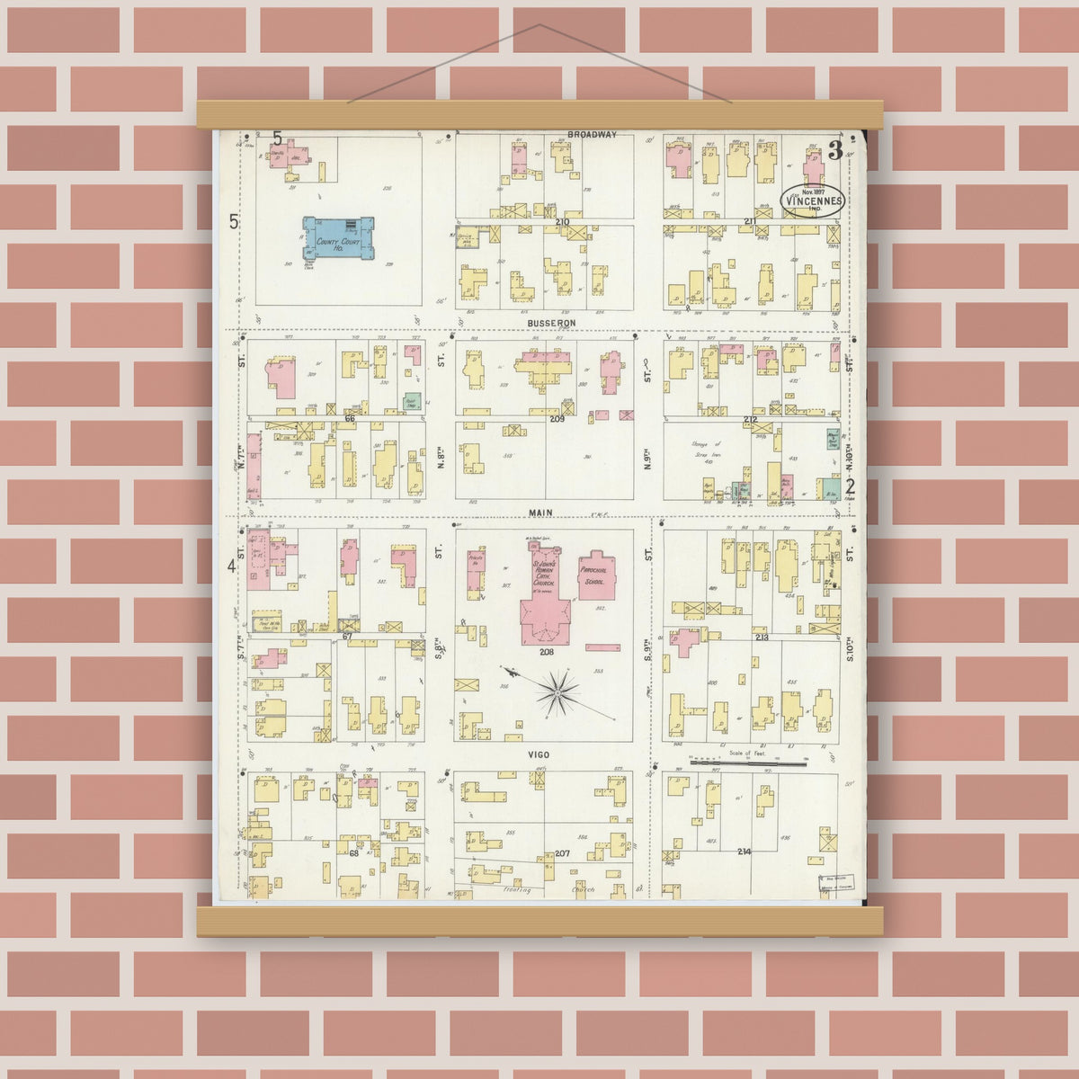 Old map wall art mockup — magnetic wood frame on brick wall — Sanborn Fire Insurance Map from Vincennes, Knox County, Indiana (1897), Sheet #0003