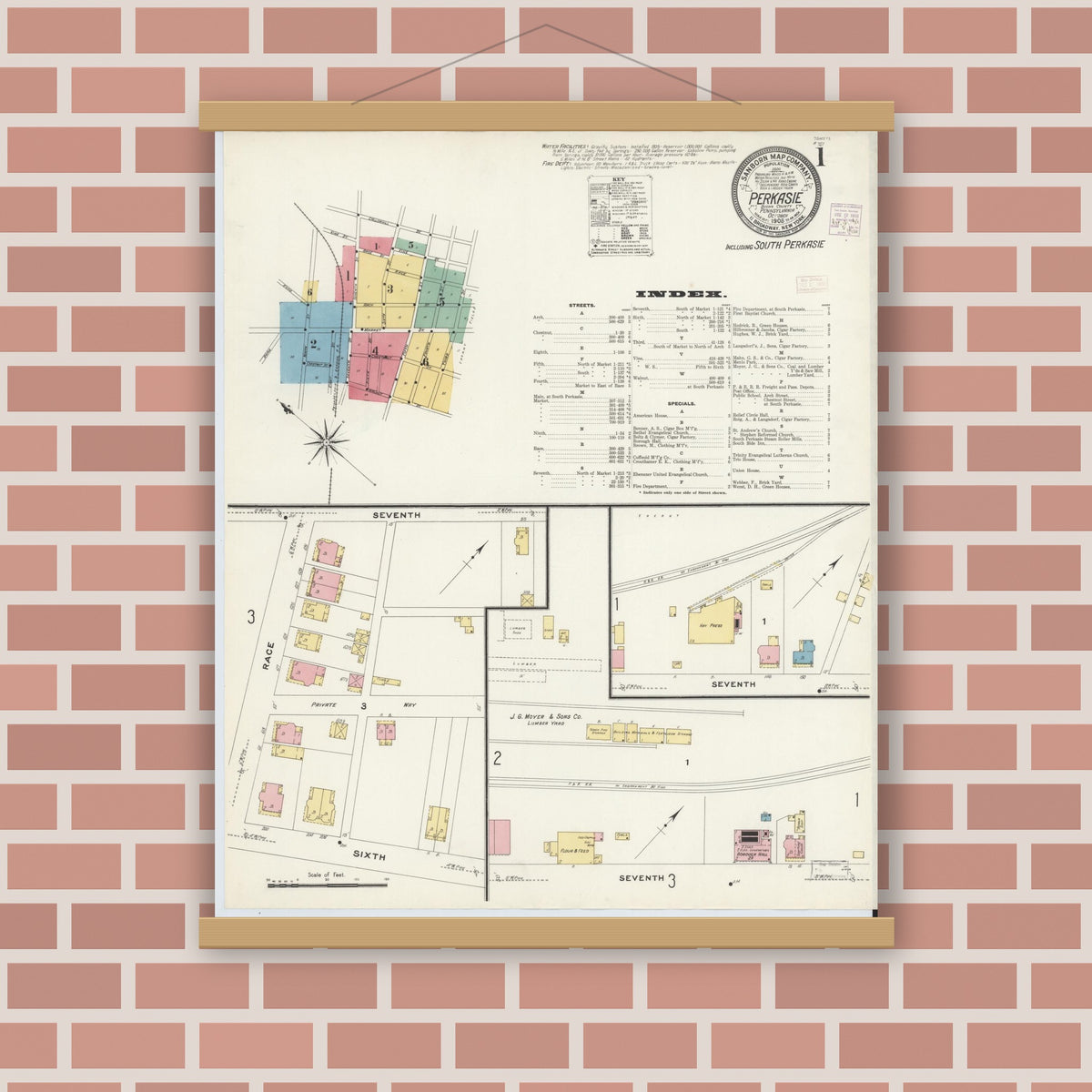 Old map wall art mockup — magnetic wood frame on brick wall — Sanborn Fire Insurance Map from Perkasie, Bucks County, Pennsylvania (1908) - Complete Map Set