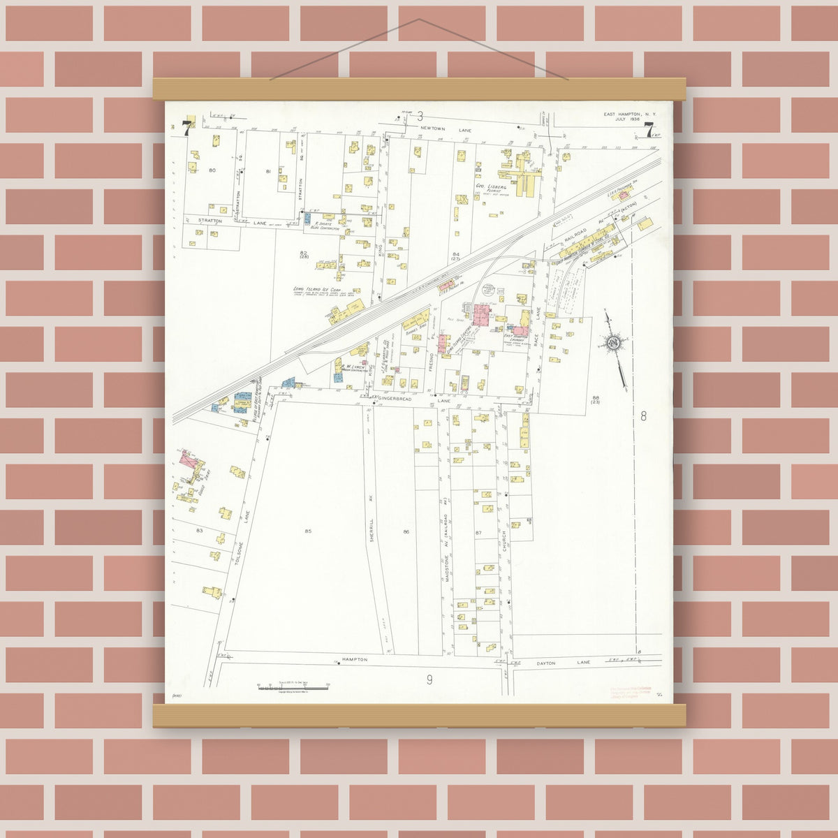 Old map wall art mockup — magnetic wood frame on brick wall — Sanborn Fire Insurance Map from Easthampton, Suffolk County, New York (1936), Sheet #0007
