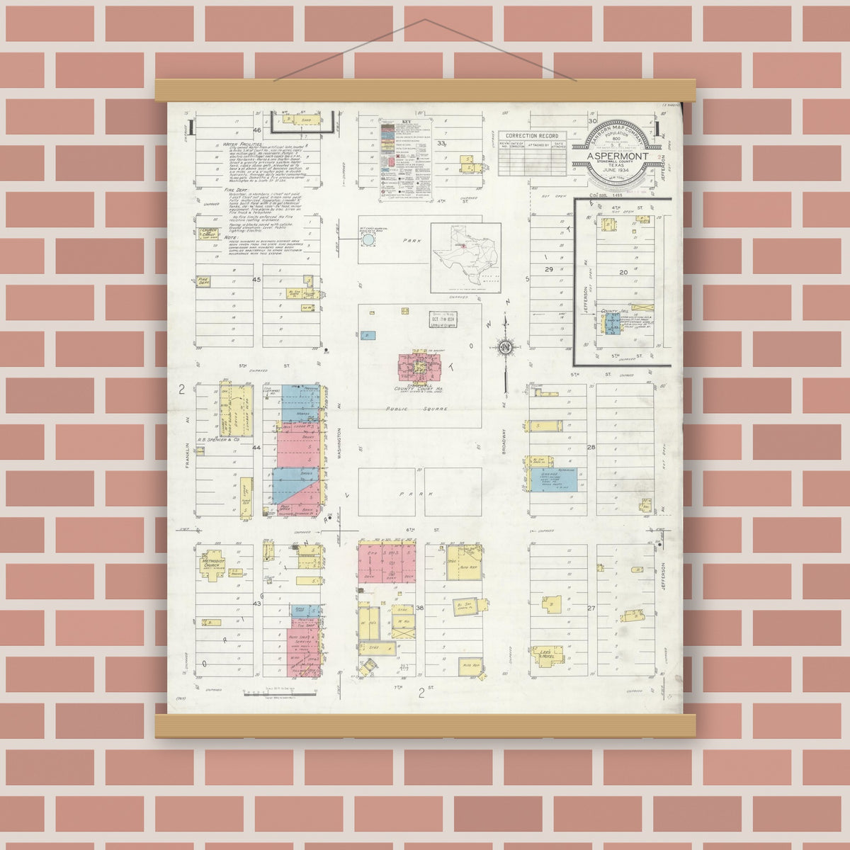 Old map wall art mockup — magnetic wood frame on brick wall — Sanborn Fire Insurance Map from Aspermont, Stonewall County, Texas (1934), Sheet #0001
