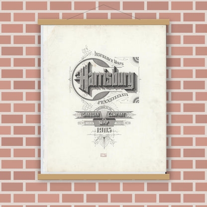 Old map wall art mockup — magnetic wood frame on brick wall — Sanborn Fire Insurance Map from Harrisburg, Dauphin County, Pennsylvania (1905), Sheet #0001