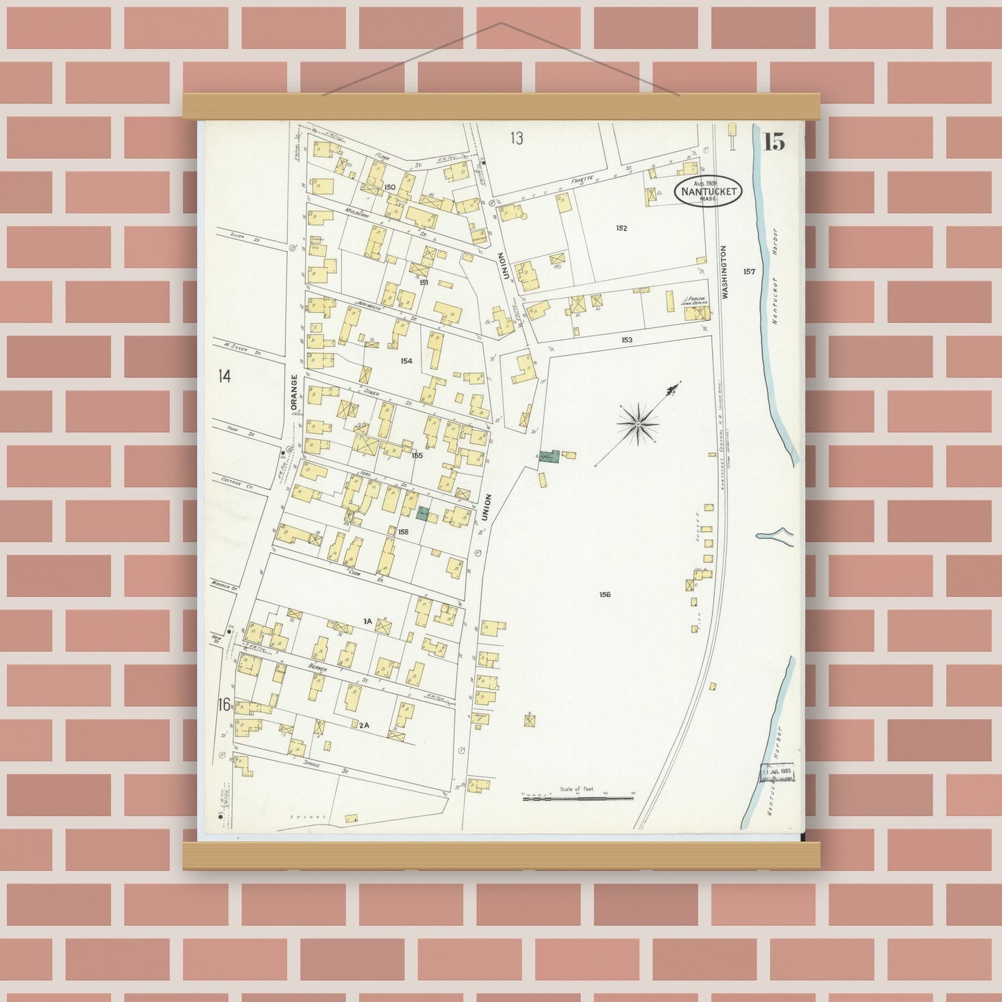 Old map wall art mockup — magnetic wood frame on brick wall — Sanborn Fire Insurance Map from Nantucket, Nantucket County, Massachusetts (1909), Sheet #0015