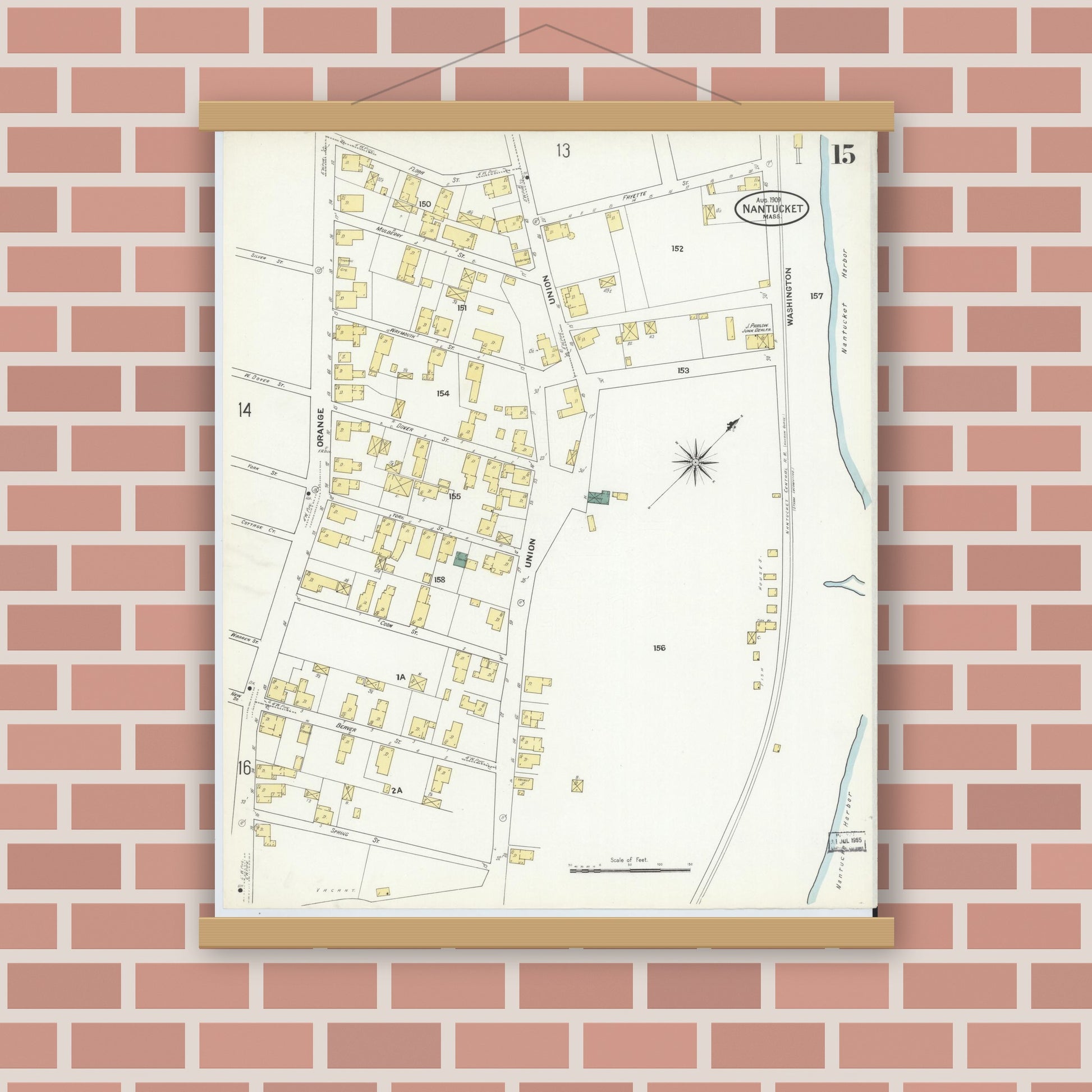 Old map wall art mockup — magnetic wood frame on brick wall — Sanborn Fire Insurance Map from Nantucket, Nantucket County, Massachusetts (1909), Sheet #0015