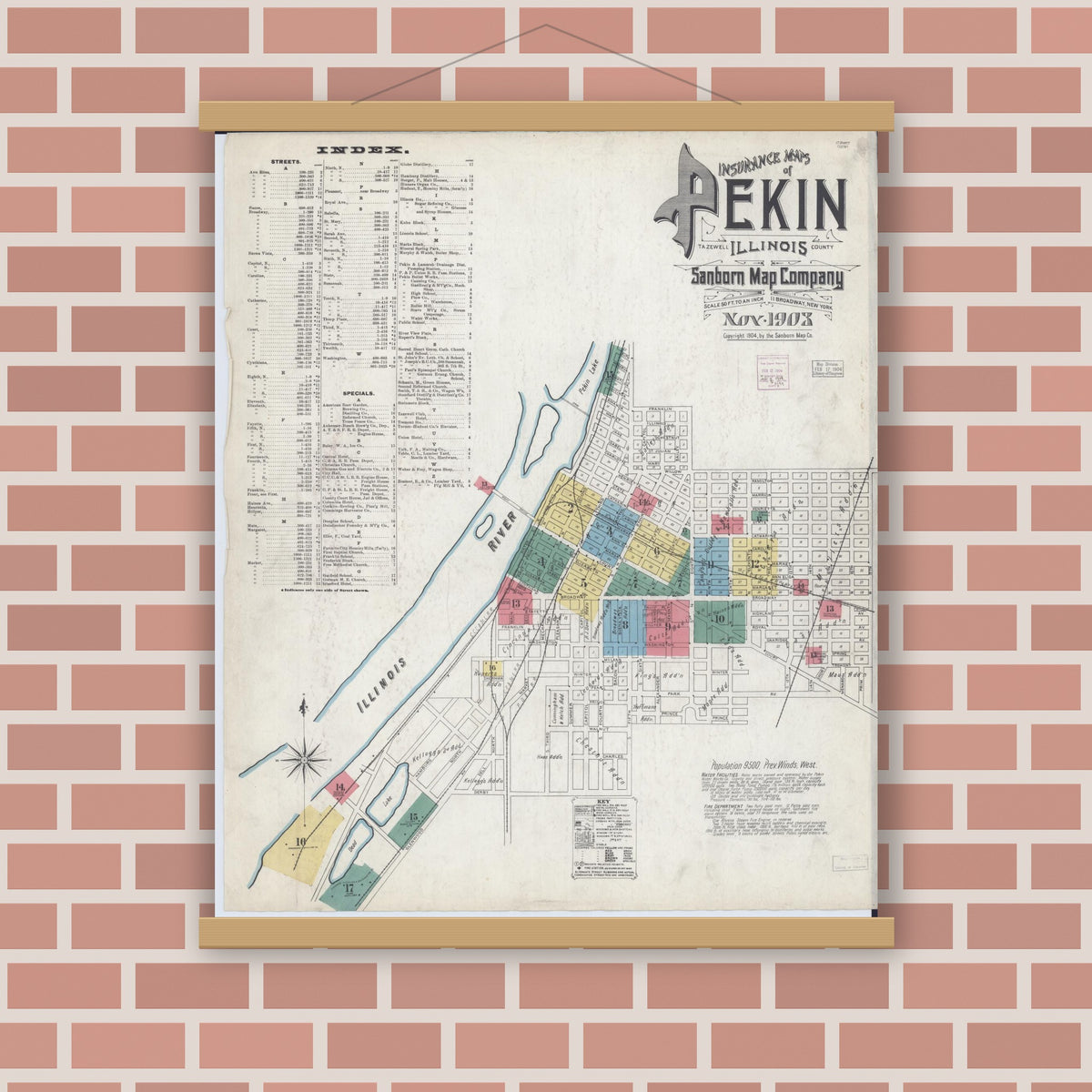 Old map wall art mockup — magnetic wood frame on brick wall — Sanborn Fire Insurance Map from Pekin, Tazewell County, Illinois (1903) - Complete Map Set