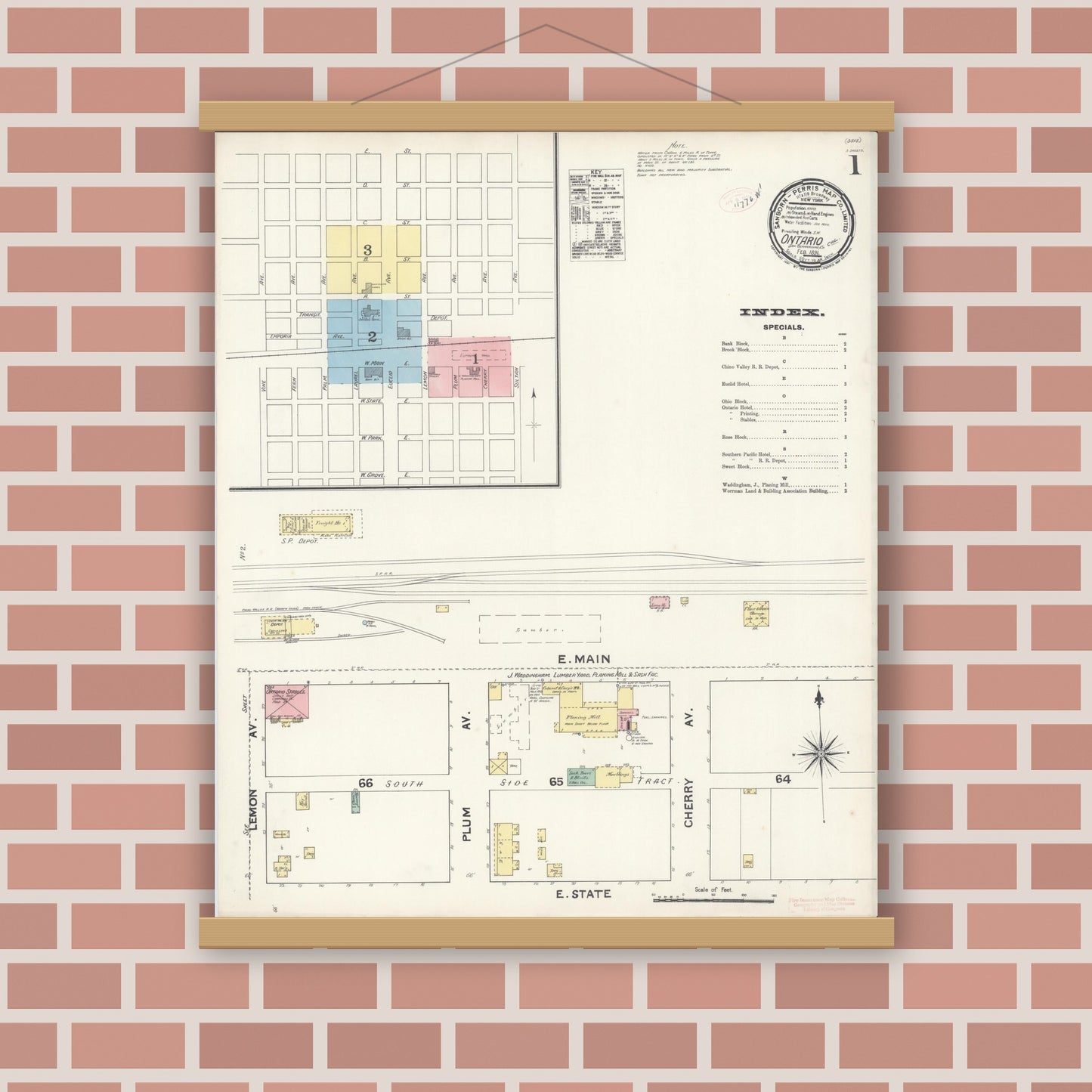 Old map wall art mockup — magnetic wood frame on brick wall — Sanborn Fire Insurance Map from Ontario, San Bernardino County, California (1891), Sheet #0001
