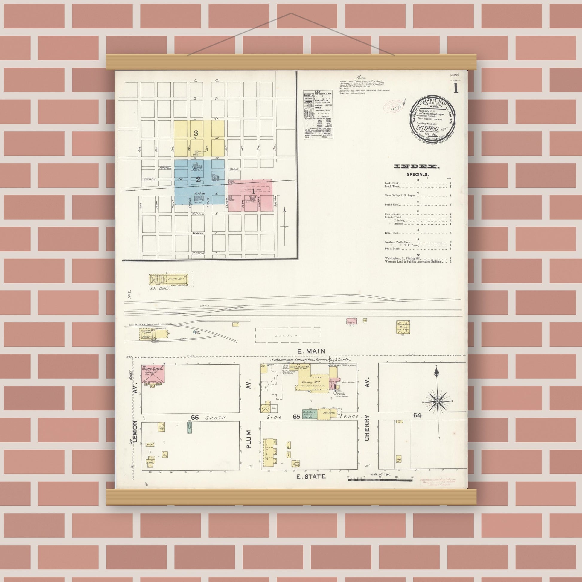 Old map wall art mockup — magnetic wood frame on brick wall — Sanborn Fire Insurance Map from Ontario, San Bernardino County, California (1891), Sheet #0001