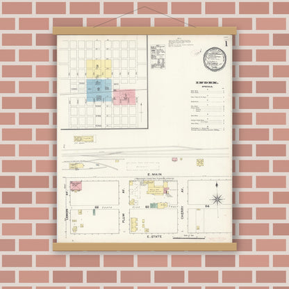 Old map wall art mockup — magnetic wood frame on brick wall — Sanborn Fire Insurance Map from Ontario, San Bernardino County, California (1891), Sheet #0001