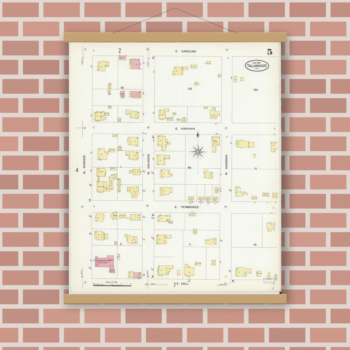 Old map wall art mockup — magnetic wood frame on brick wall — Sanborn Fire Insurance Map from Tallahassee, Leon County, Florida (1909), Sheet #0005