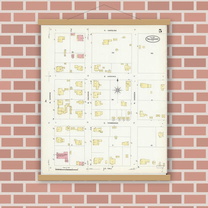 Old map wall art mockup — magnetic wood frame on brick wall — Sanborn Fire Insurance Map from Tallahassee, Leon County, Florida (1909), Sheet #0005