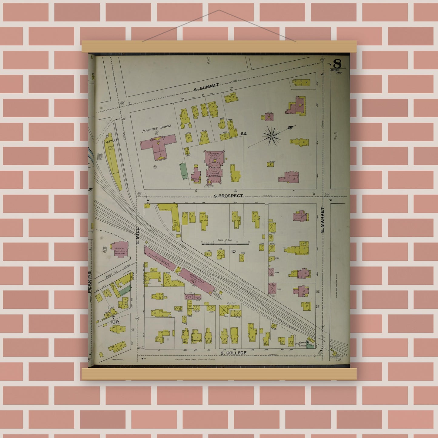 Old map wall art mockup — magnetic wood frame on brick wall — Sanborn Fire Insurance Map from Akron, Summit County, Ohio (1892), Sheet #0008