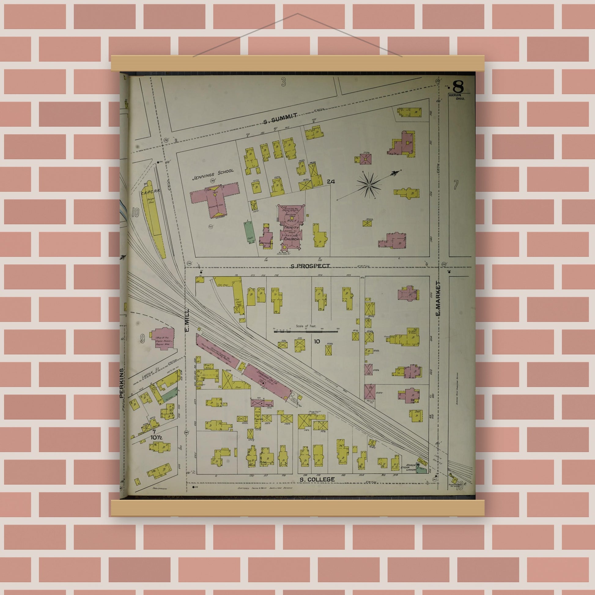 Old map wall art mockup — magnetic wood frame on brick wall — Sanborn Fire Insurance Map from Akron, Summit County, Ohio (1892), Sheet #0008