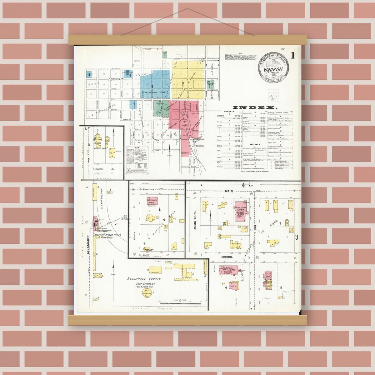 Old map wall art mockup — magnetic wood frame on brick wall — Sanborn Fire Insurance Map from Waukon, Allamakee County, Iowa (1902) â€” Complete Set