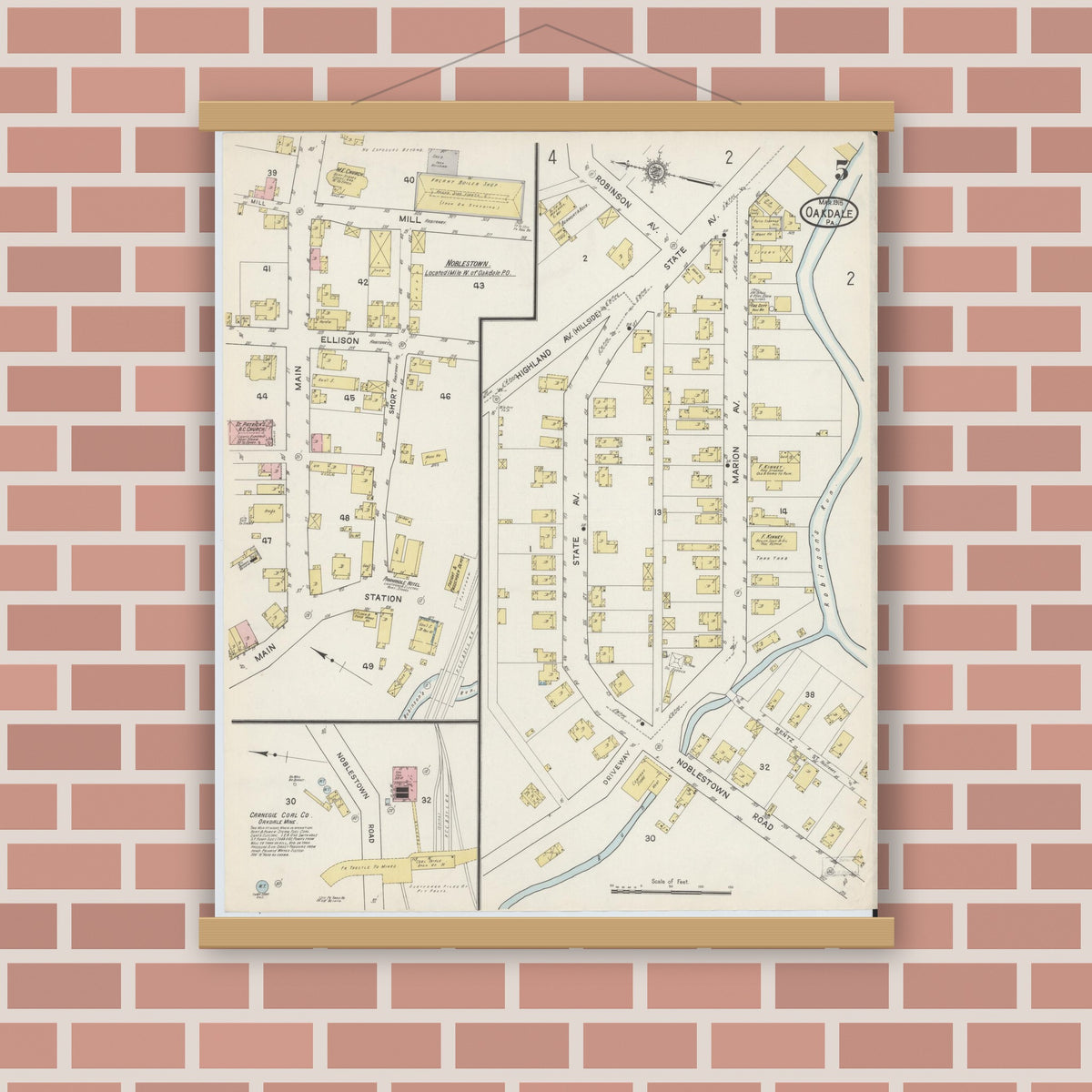 Old map wall art mockup — magnetic wood frame on brick wall — Sanborn Fire Insurance Map from Oakdale, Allegheny County, Pennsylvania (1915), Sheet #0005