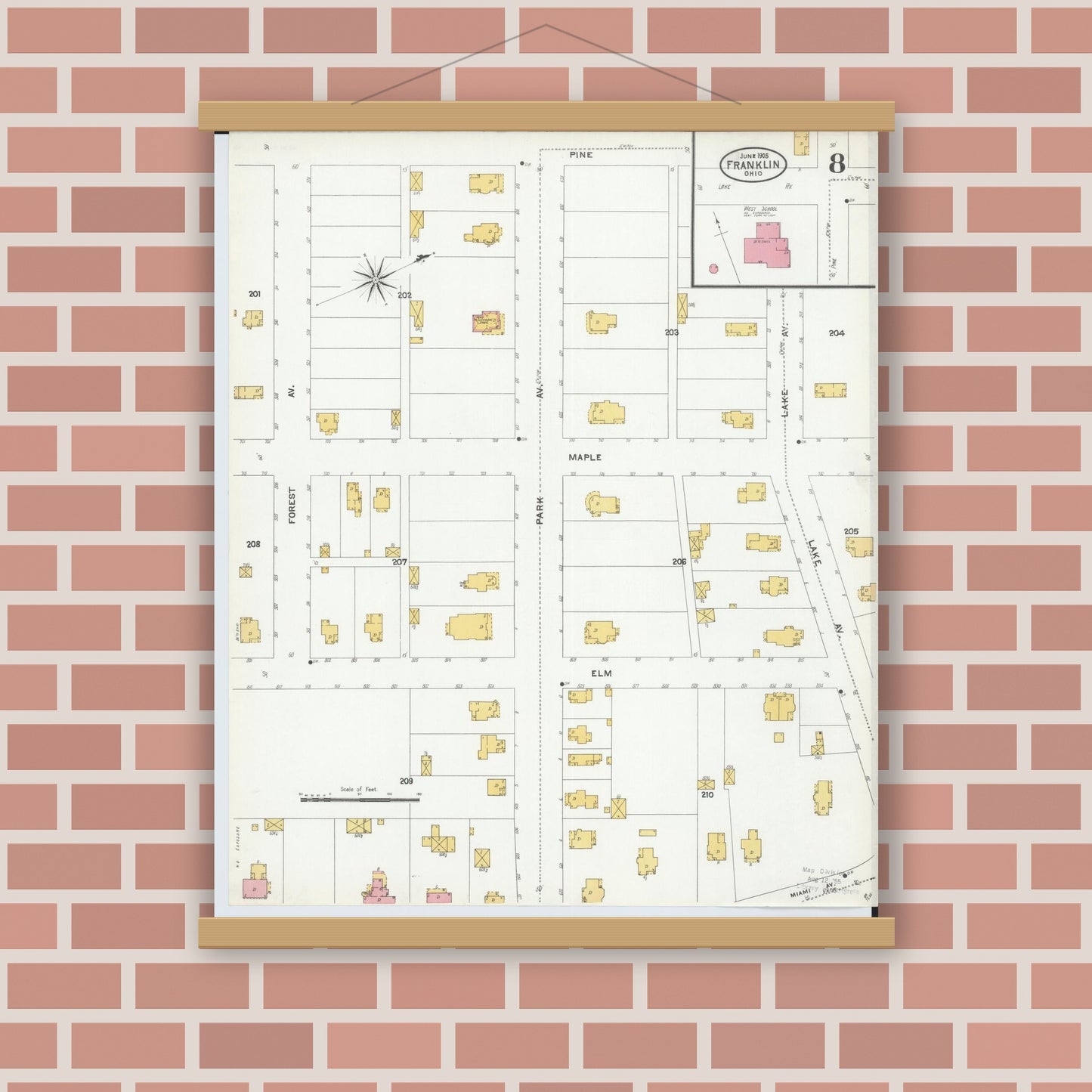 Old map wall art mockup — magnetic wood frame on brick wall — Sanborn Fire Insurance Map from Franklin, Warren County, Ohio (1905), Sheet #0008