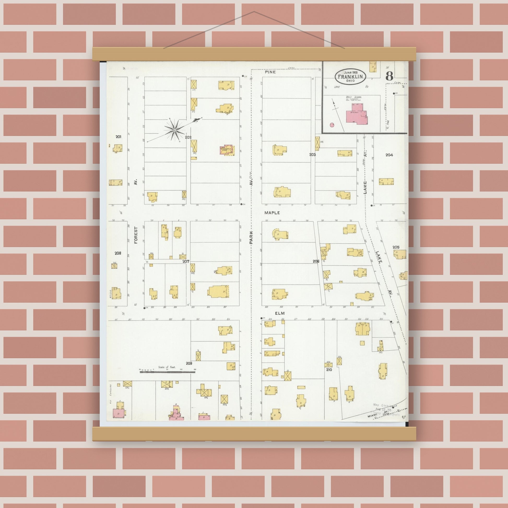 Old map wall art mockup — magnetic wood frame on brick wall — Sanborn Fire Insurance Map from Franklin, Warren County, Ohio (1905), Sheet #0008