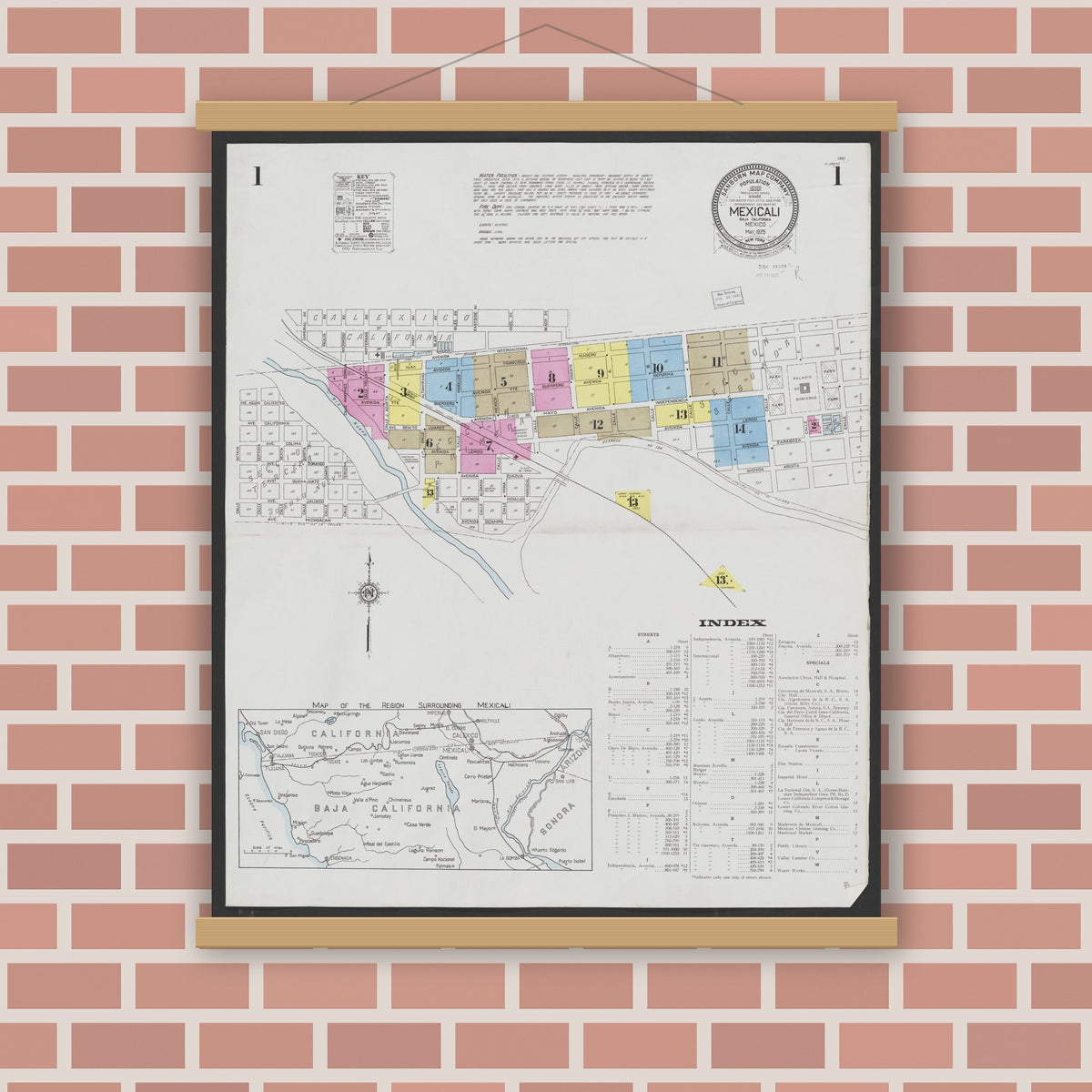 Old map wall art mockup — magnetic wood frame on brick wall — Sanborn Fire Insurance Map from Mexicali, Baja California (Mexico) (1925) - Complete Map Set