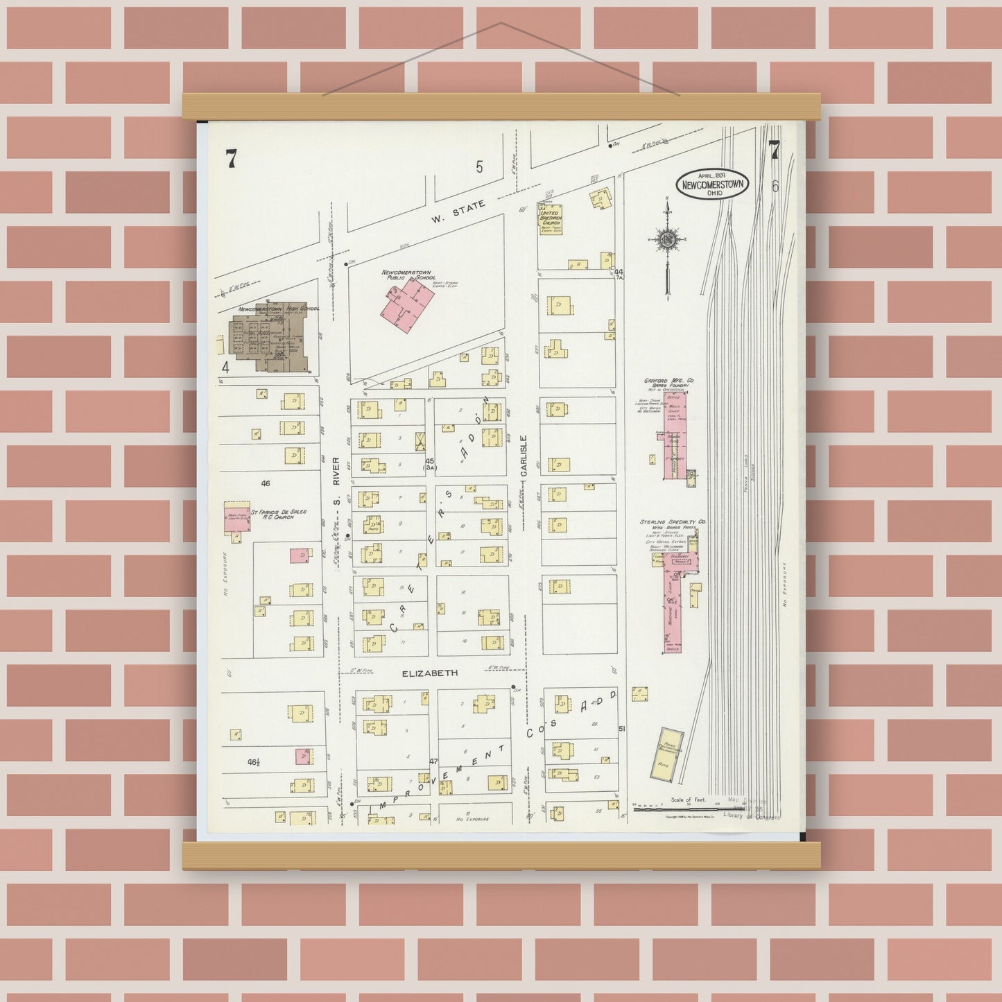 Old map wall art mockup — magnetic wood frame on brick wall — Sanborn Fire Insurance Map from Newcomerstown, Tuscarawas County, Ohio (1924), Sheet #0007