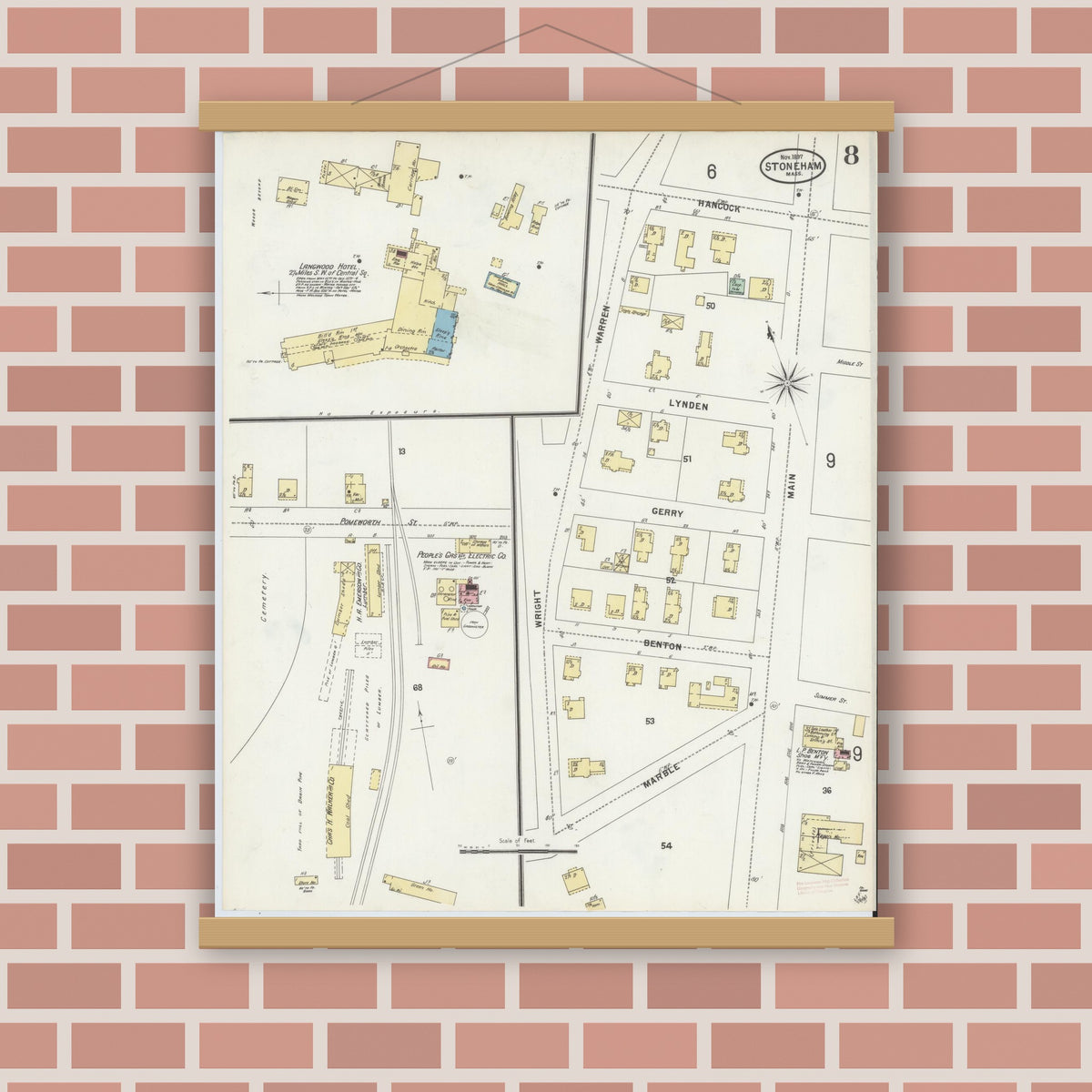 Old map wall art mockup — magnetic wood frame on brick wall — Sanborn Fire Insurance Map from Stoneham, Middlesex County, Massachusetts (1897), Sheet #0008
