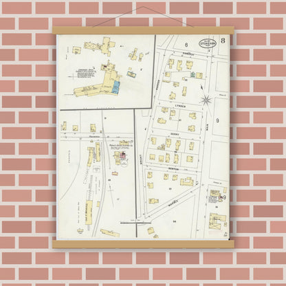 Old map wall art mockup — magnetic wood frame on brick wall — Sanborn Fire Insurance Map from Stoneham, Middlesex County, Massachusetts (1897), Sheet #0008