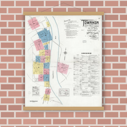 Old map wall art mockup — magnetic wood frame on brick wall — Sanborn Fire Insurance Map from Towanda, Bradford County, Pennsylvania (1927) - Complete Map Set