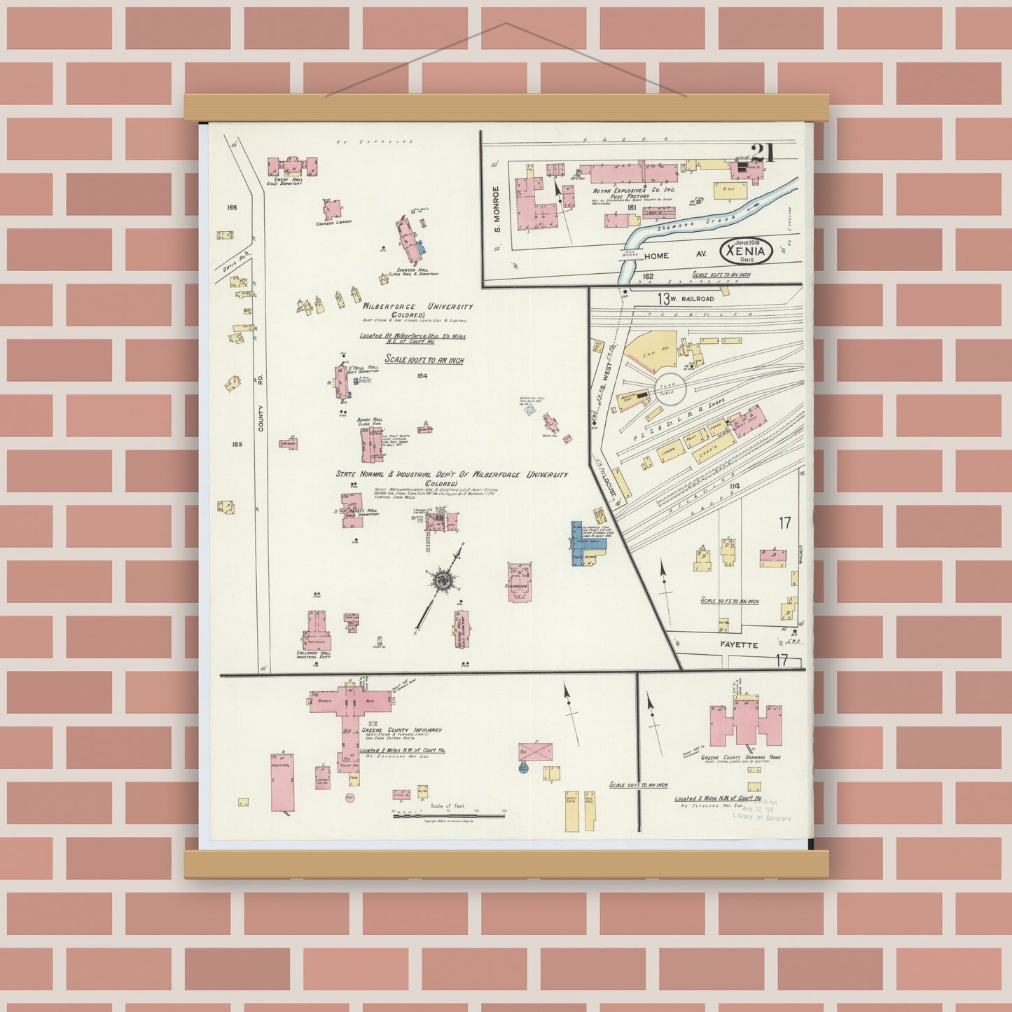 Old map wall art mockup — magnetic wood frame on brick wall — Sanborn Fire Insurance Map from Xenia, Greene County, Ohio (1919), Sheet #0021