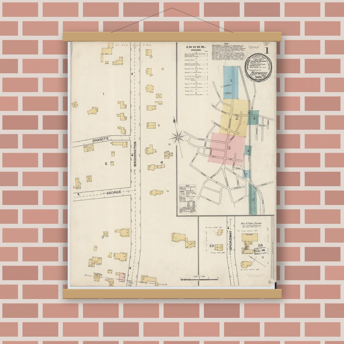 Old map wall art mockup — magnetic wood frame on brick wall — Sanborn Fire Insurance Map from Norwood, Norfolk County, Massachusetts (1892) - Complete Map Set