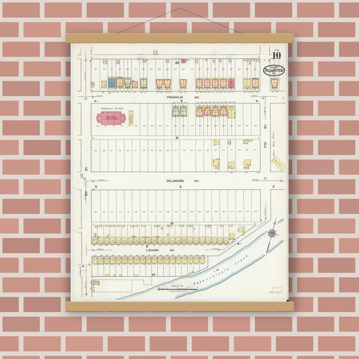 Old map wall art mockup — magnetic wood frame on brick wall — Sanborn Fire Insurance Map from Palmerton, Carbon County, Pennsylvania (1921), Sheet #0010