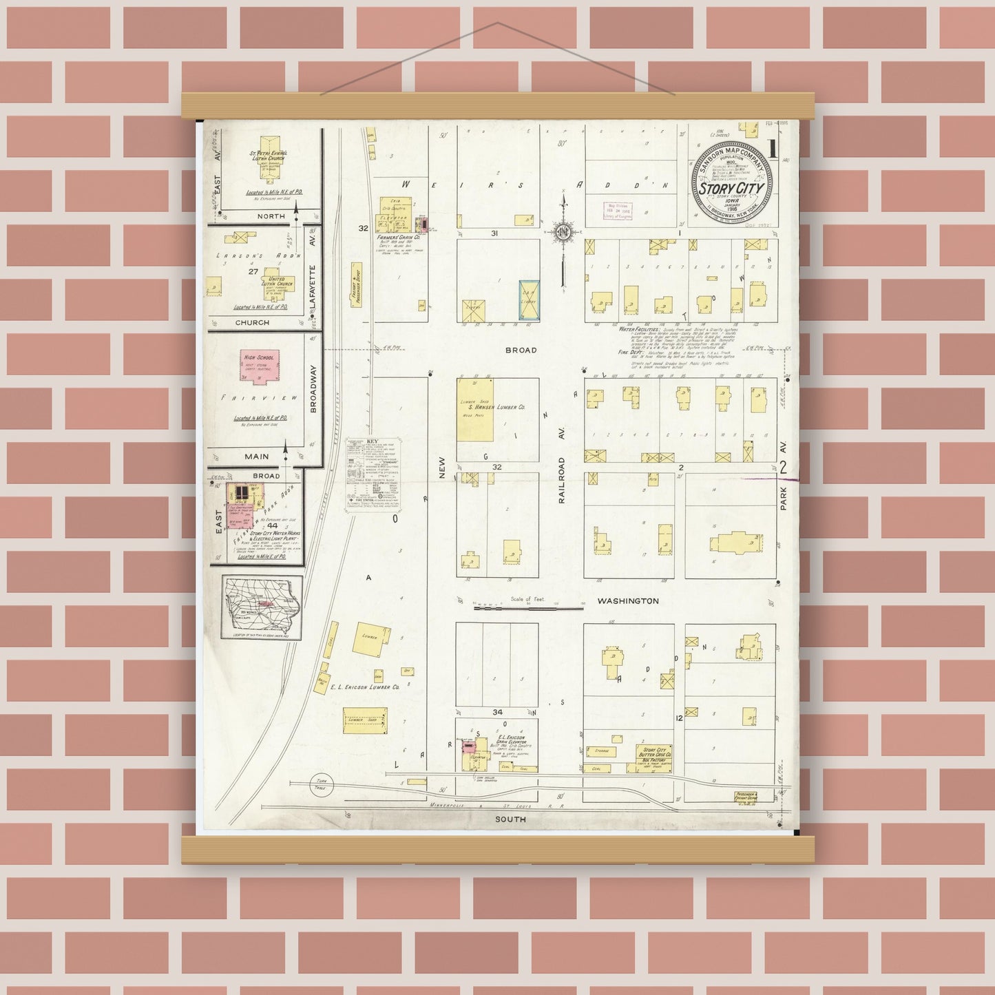 Old map wall art mockup — magnetic wood frame on brick wall — Sanborn Fire Insurance Map from Story City, Story County, Iowa (1916), Sheet #0001