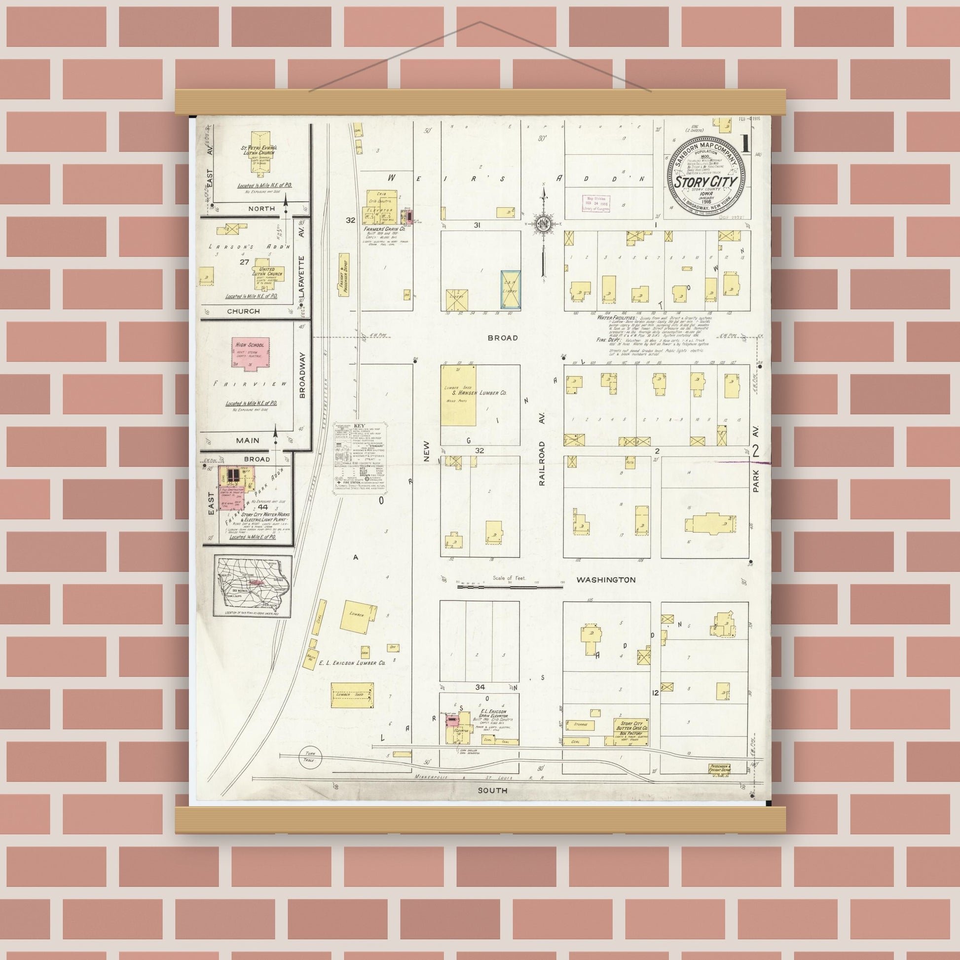 Old map wall art mockup — magnetic wood frame on brick wall — Sanborn Fire Insurance Map from Story City, Story County, Iowa (1916), Sheet #0001