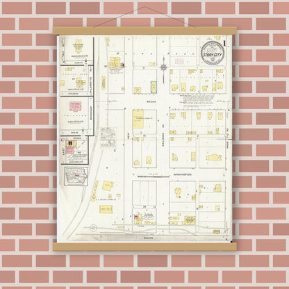 Old map wall art mockup — magnetic wood frame on brick wall — Sanborn Fire Insurance Map from Story City, Story County, Iowa (1916), Sheet #0001
