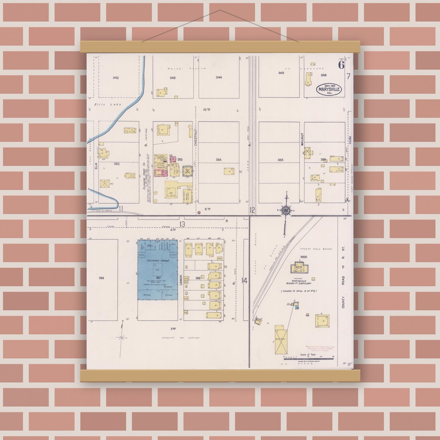 Old map wall art mockup — magnetic wood frame on brick wall — Sanborn Fire Insurance Map from Marysville, Yuba County, California (1921), Sheet #0006