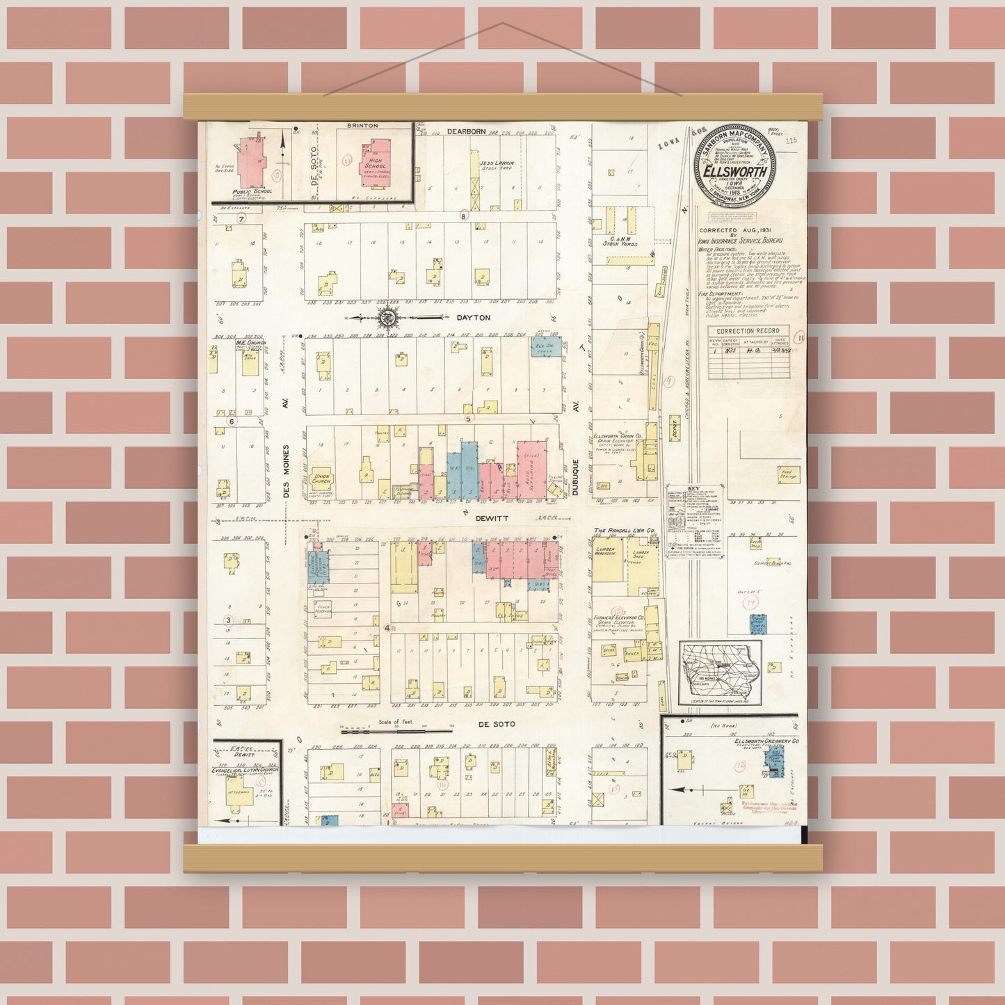 Old map wall art mockup — magnetic wood frame on brick wall — Sanborn Fire Insurance Map from Ellsworth, Hamilton County, Iowa (1931), Sheet #0001