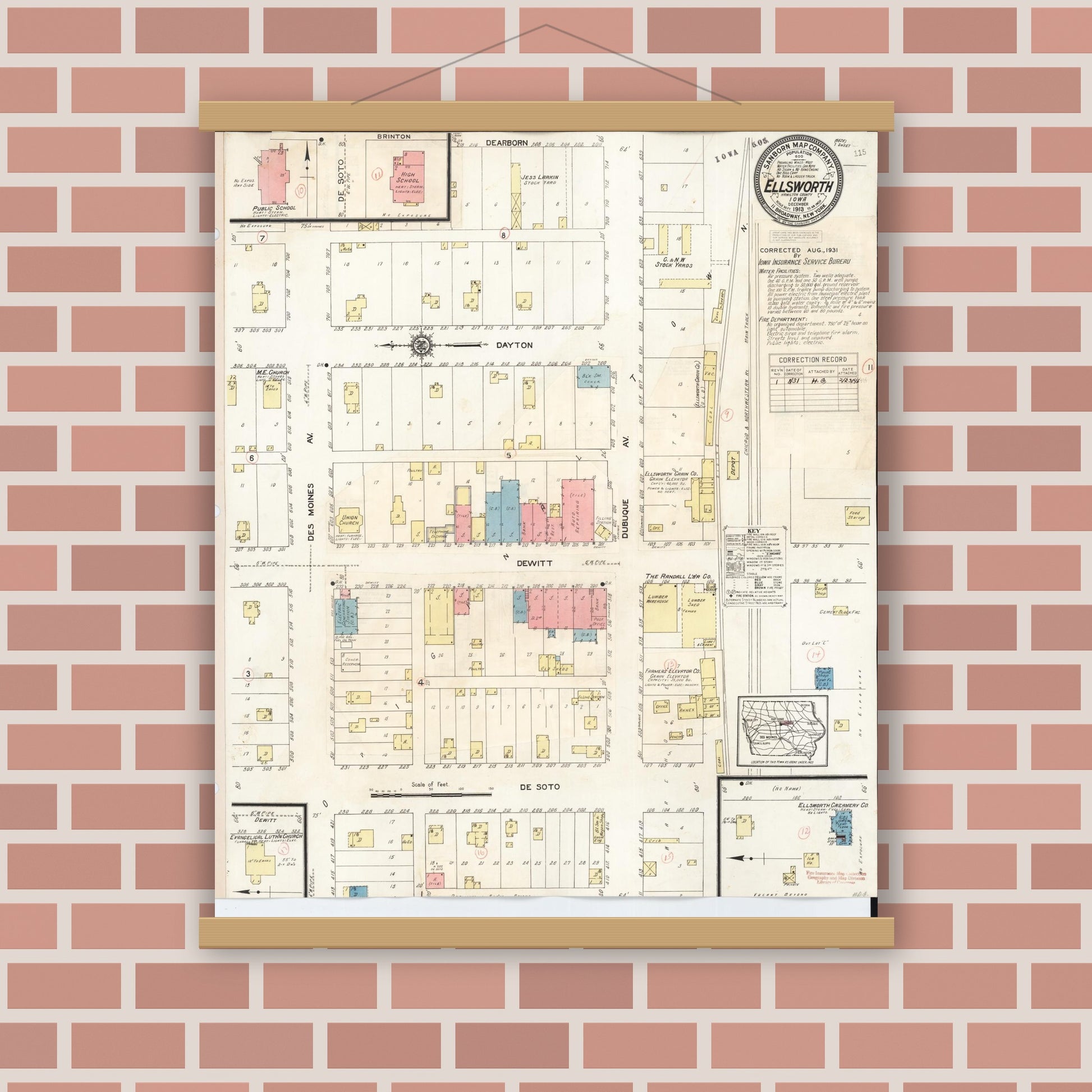 Old map wall art mockup — magnetic wood frame on brick wall — Sanborn Fire Insurance Map from Ellsworth, Hamilton County, Iowa (1931), Sheet #0001