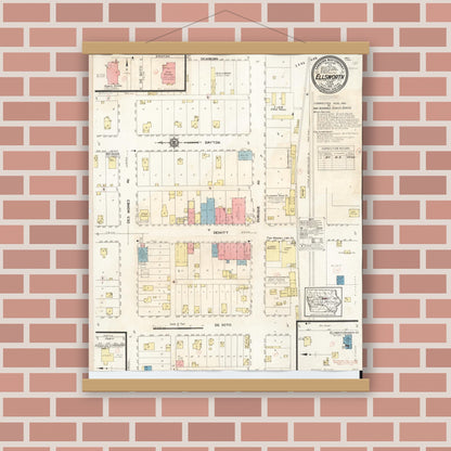 Old map wall art mockup — magnetic wood frame on brick wall — Sanborn Fire Insurance Map from Ellsworth, Hamilton County, Iowa (1931), Sheet #0001