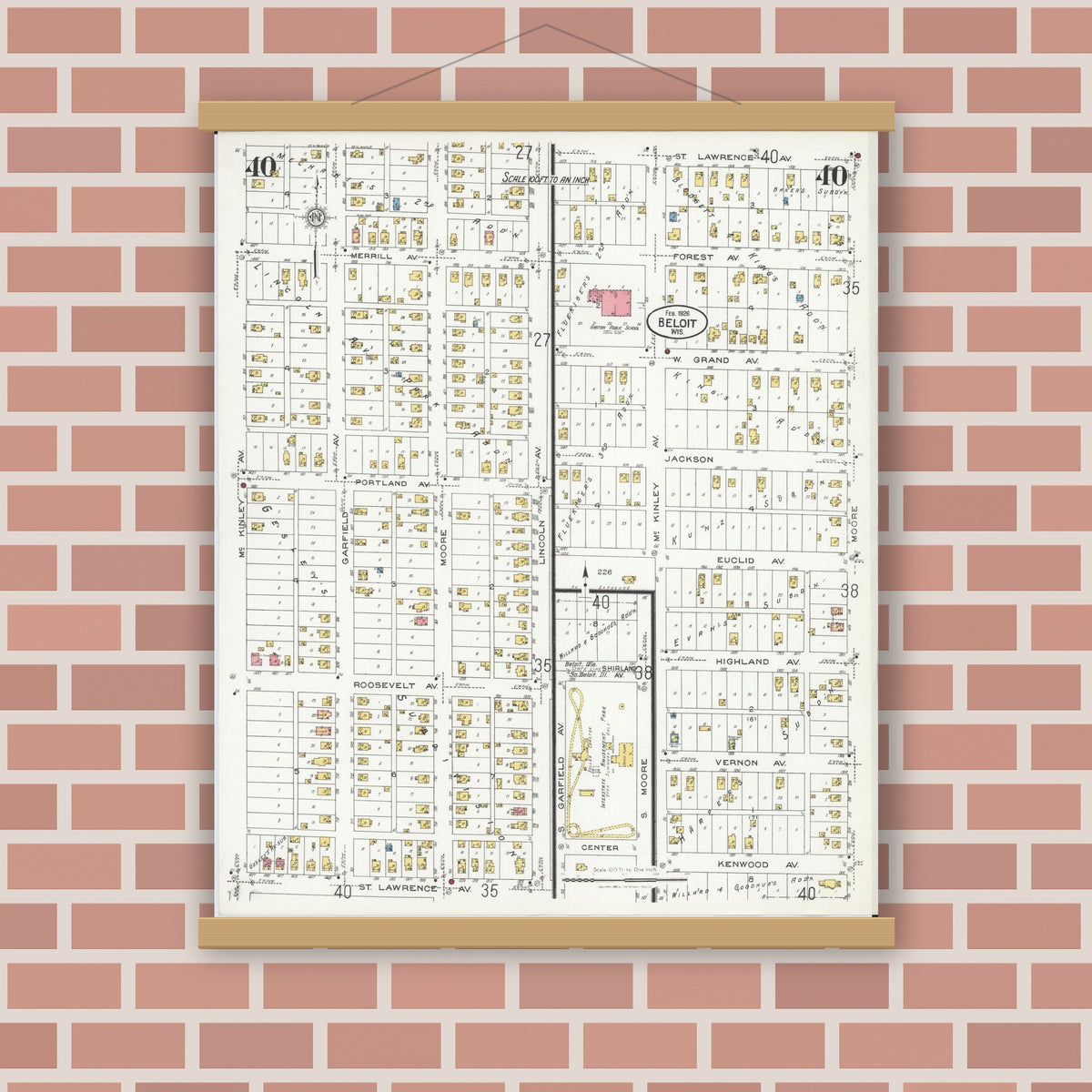 Old map wall art mockup — magnetic wood frame on brick wall — Sanborn Fire Insurance Map from Beloit, Rock County, Wisconsin (1926), Sheet #0040