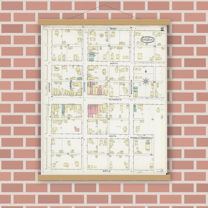 Old map wall art mockup — magnetic wood frame on brick wall — Sanborn Fire Insurance Map from Bremen, Marshall County, Indiana (1892), Sheet #0002