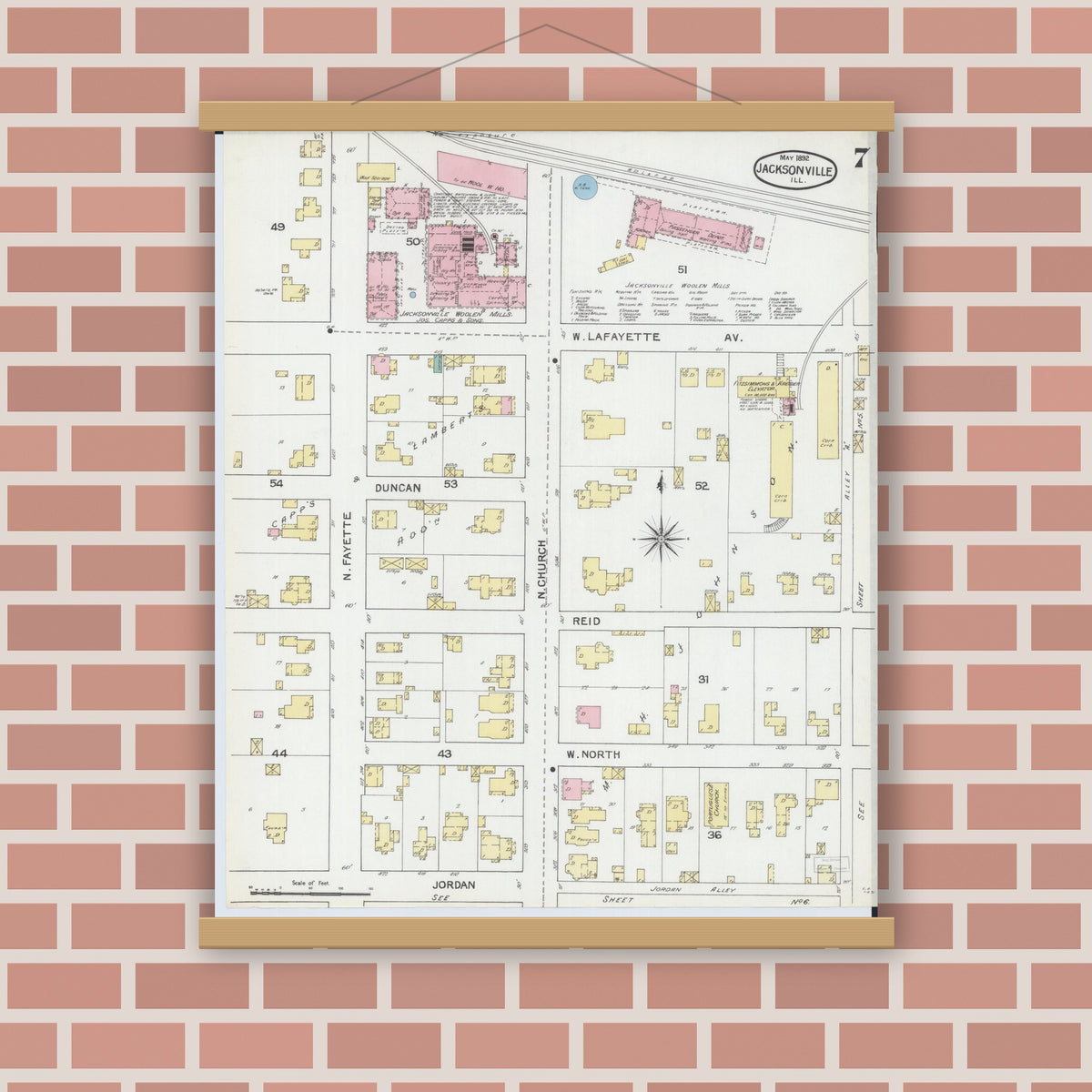 Old map wall art mockup — magnetic wood frame on brick wall — Sanborn Fire Insurance Map from Jacksonville, Morgan County, Illinois (1892), Sheet #0007