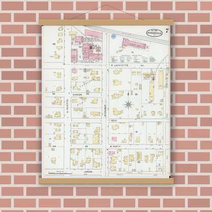 Old map wall art mockup — magnetic wood frame on brick wall — Sanborn Fire Insurance Map from Jacksonville, Morgan County, Illinois (1892), Sheet #0007