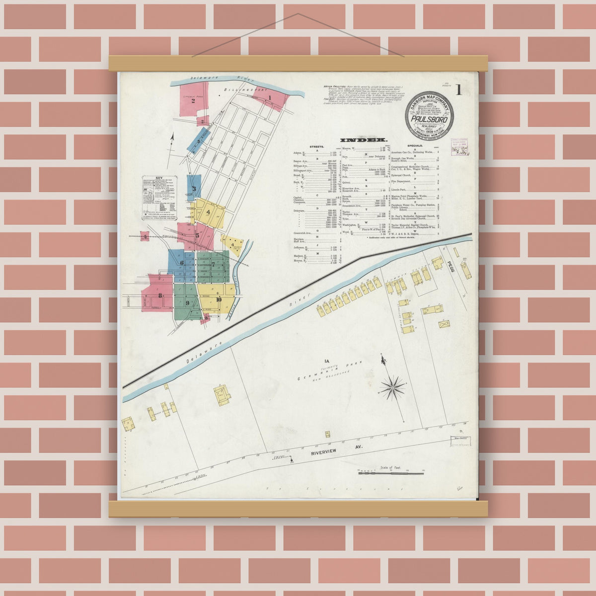 Old map wall art mockup — magnetic wood frame on brick wall — Sanborn Fire Insurance Map from Paulsboro, Gloucester County, New Jersey (1909), Sheet #0001