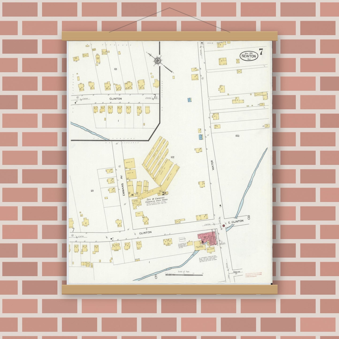 Old map wall art mockup — magnetic wood frame on brick wall — Sanborn Fire Insurance Map from Newton, Sussex County, New Jersey (1916), Sheet #0007