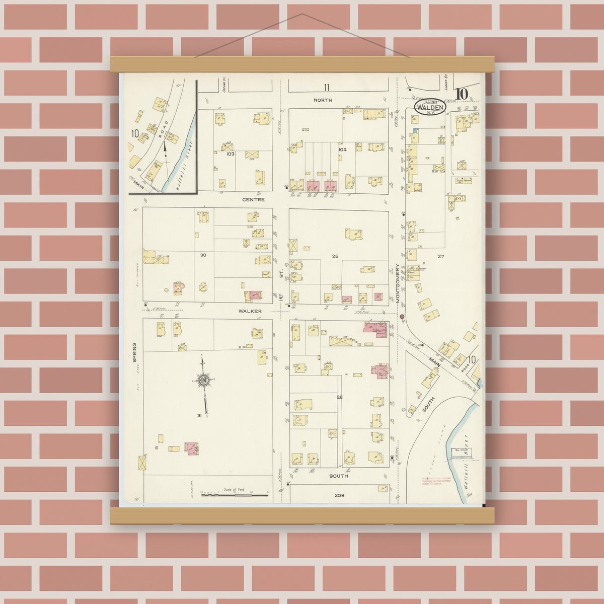 Old map wall art mockup — magnetic wood frame on brick wall — Sanborn Fire Insurance Map from Walden, Orange County, New York (1913), Sheet #0010