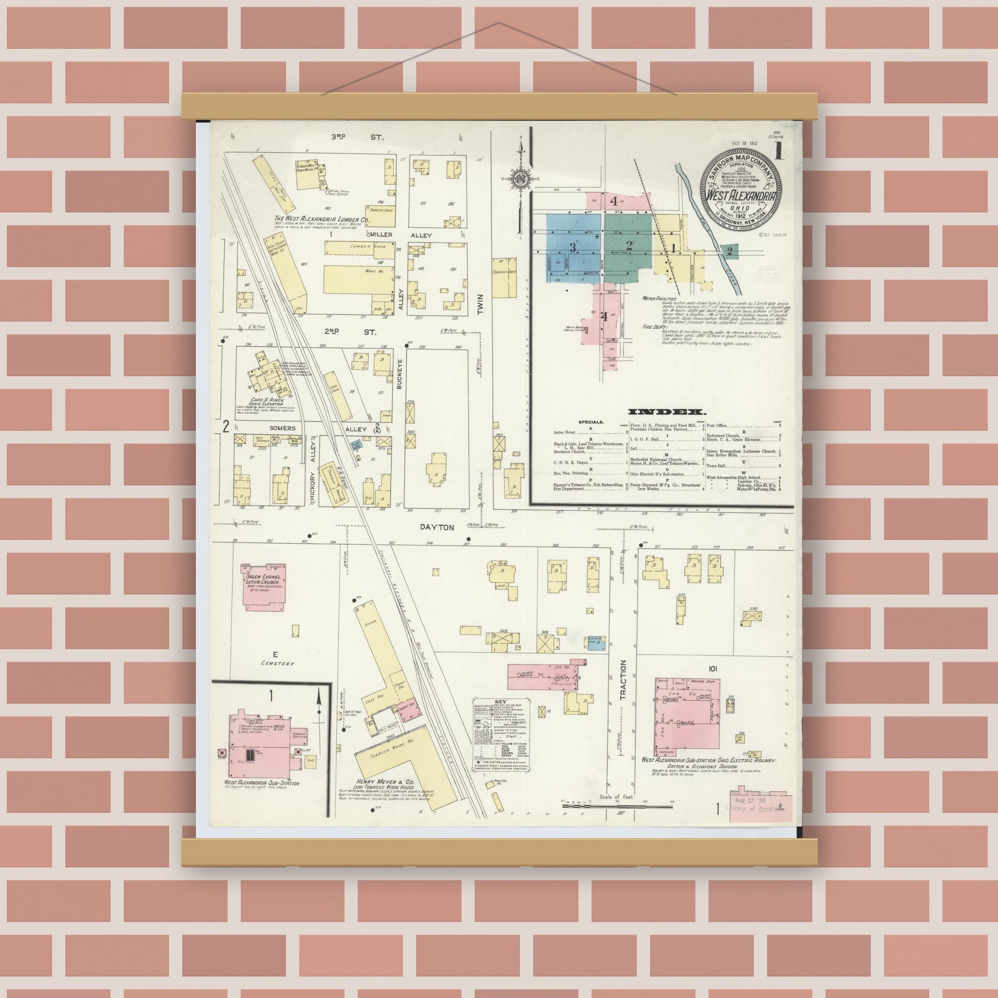 Old map wall art mockup — magnetic wood frame on brick wall — Sanborn Fire Insurance Map from West Alexandria, Preble County, Ohio (1912), Sheet #0001