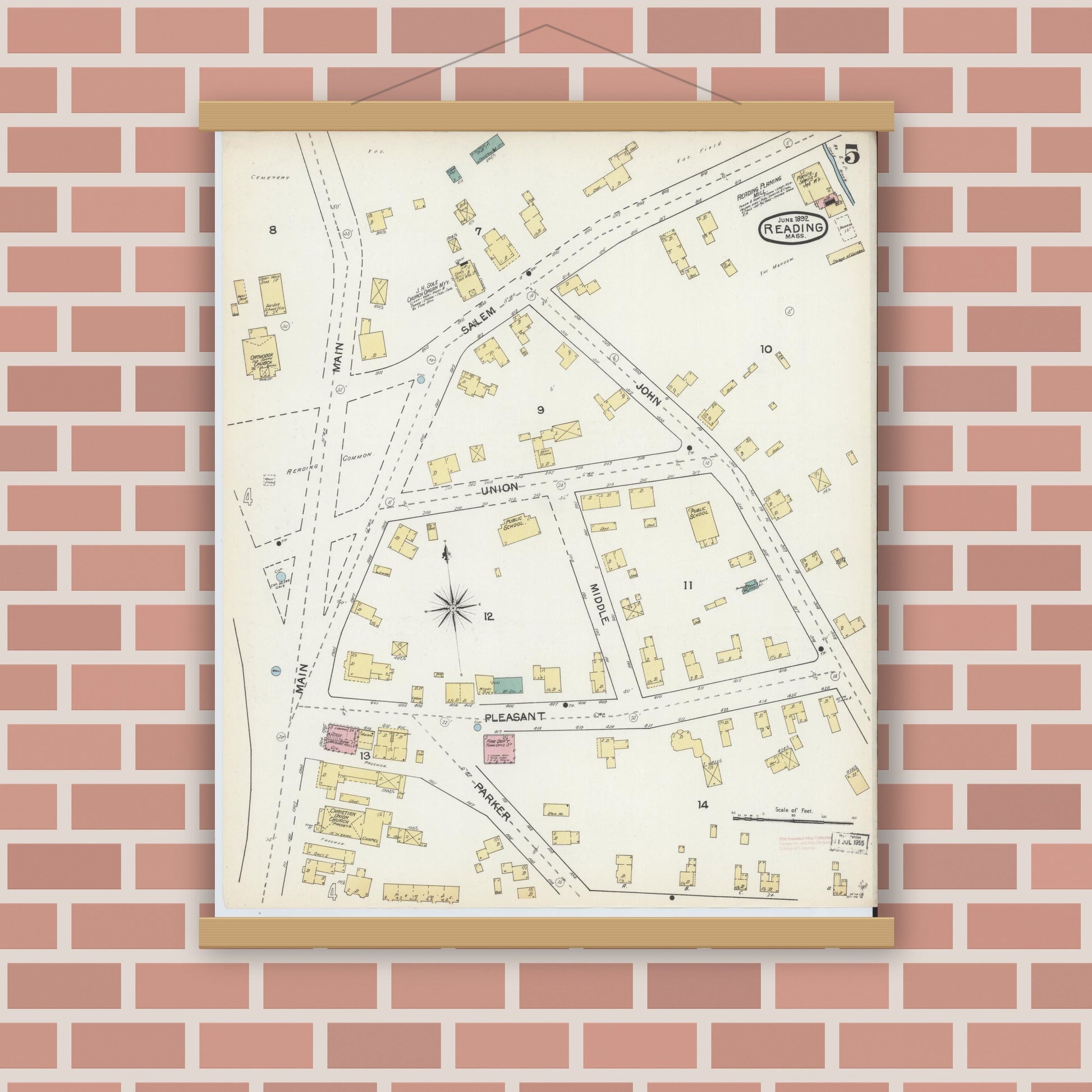 Old map wall art mockup — magnetic wood frame on brick wall — Sanborn Fire Insurance Map from Reading, Middlesex County, Massachusetts (1892), Sheet #0005