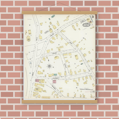 Old map wall art mockup — magnetic wood frame on brick wall — Sanborn Fire Insurance Map from Reading, Middlesex County, Massachusetts (1892), Sheet #0005