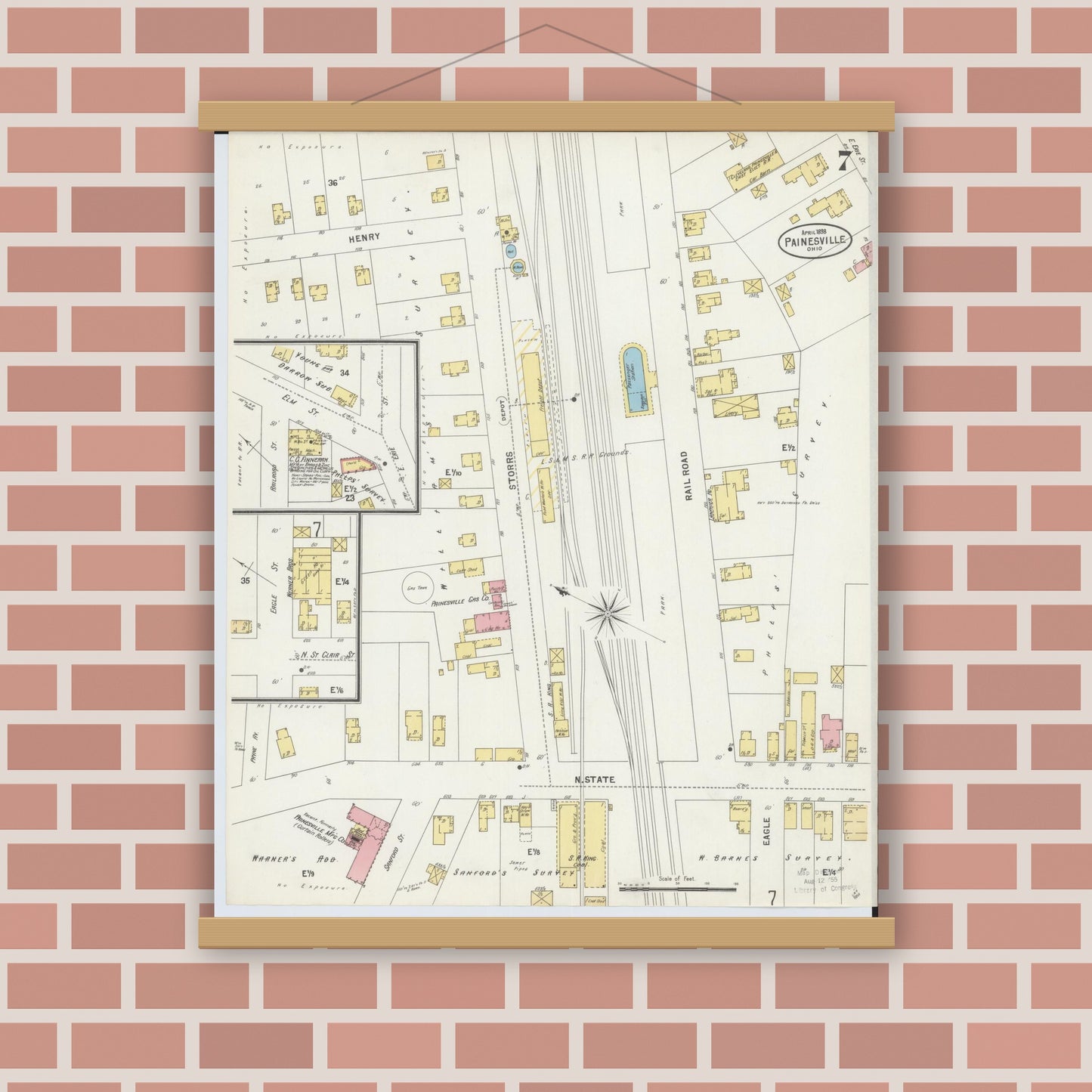 Old map wall art mockup — magnetic wood frame on brick wall — Sanborn Fire Insurance Map from Painesville, Lake County, Ohio (1898), Sheet #0007